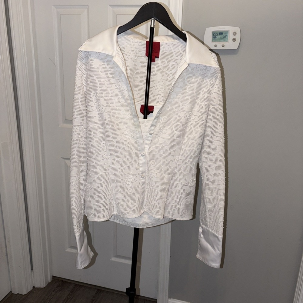 JS Collections Vintage 90s Sheer White Lace Blouse Button Down Satin Cuffs Y2K